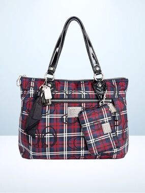 Coach Poppy Tartan Plaid Glam Tote + Wristlet (Red/Blue) 18713